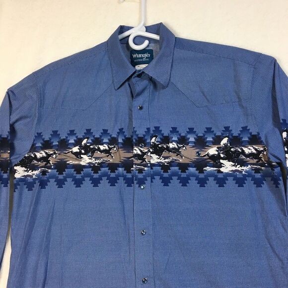Vintage Wrangler Shirt Mens L‎ Blue Aztec Rodeo Western Brushpopper Pearl Snap